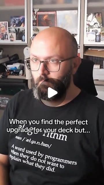 Luigi to camera in an “algorithm” T-shirt, captioned: when you find the perfect upgrade for your deck but…