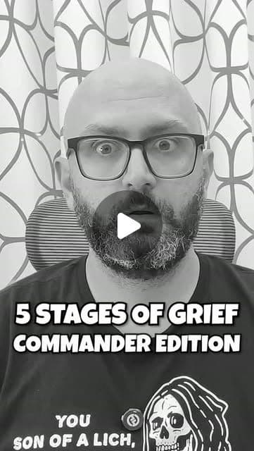 Luigi wide-eyed in black and white, captioned: five stages of grief, Commander edition